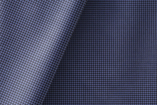 Super 90’s Extrafine Merino Wool Blended Suiting Fabric, Blue and Charcoal Houndstooth Micro-Check, Crafted by Adlantino England