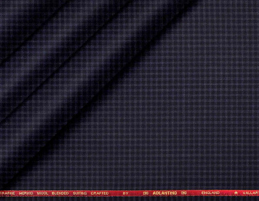 Super 90’s Extrafine Merino Wool Blended Suiting Fabric, Navy Blue Micro-Check, Crafted by Adlantino England
