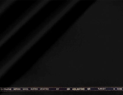 Super 130’s Extrafine Merino Wool Plain Suiting by Adlantino Turkey — Jet Black Poly Wool for Modern Men’s Jodhpuris, Koti, Jackets, Suits & Pants
