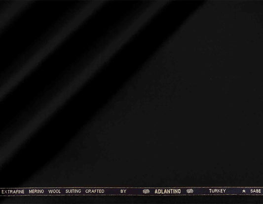 Super 130’s Extrafine Merino Wool Plain Suiting by Adlantino Turkey — Jet Black Poly Wool for Modern Men’s Jodhpuris, Koti, Jackets, Suits & Pants
