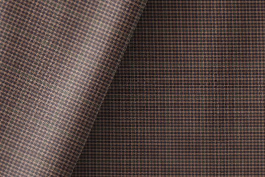 Super 90’s Extrafine Merino Wool Blended Suiting Fabric, Warm Brown and Tan Micro-Check, Crafted by Adlantino England